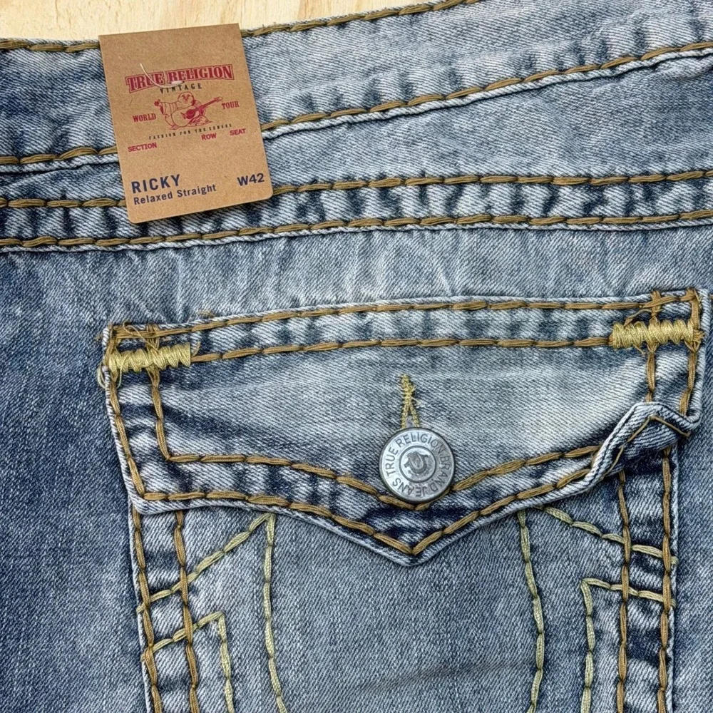 True Religion Ricky Relaxed Straight Blue Big T Stitch Jeans Mens 42 106155‎